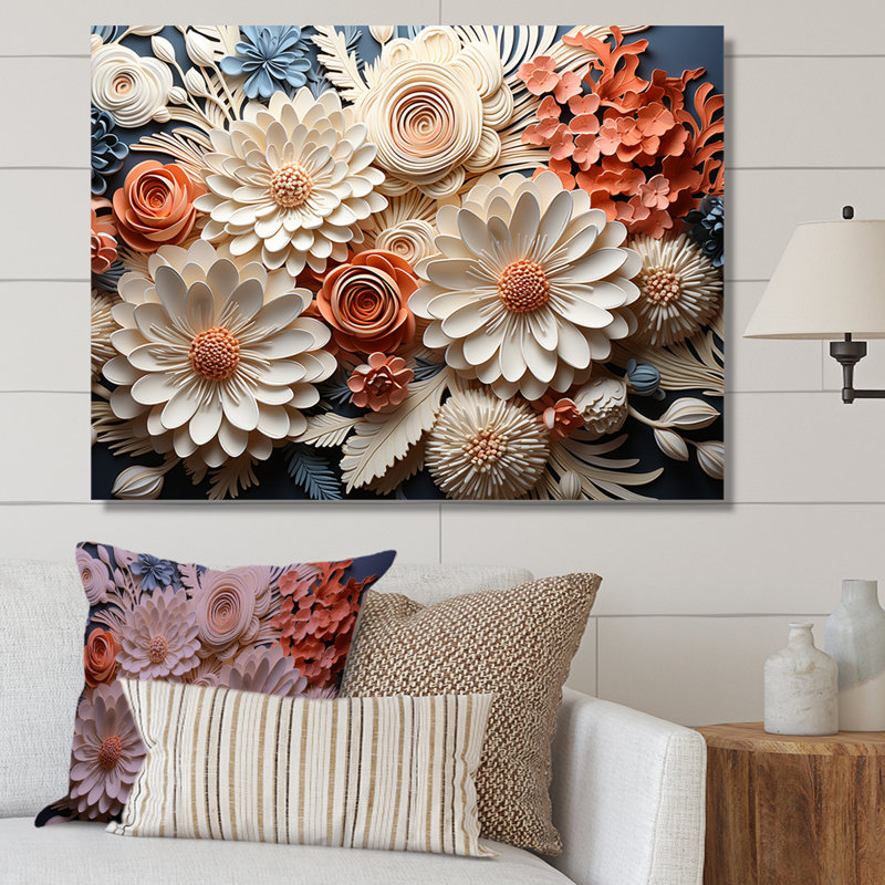 Pêche et corail blanc I - art botanique abstrait, H 24 po x l 32 po x P 1 po, Toile tendue