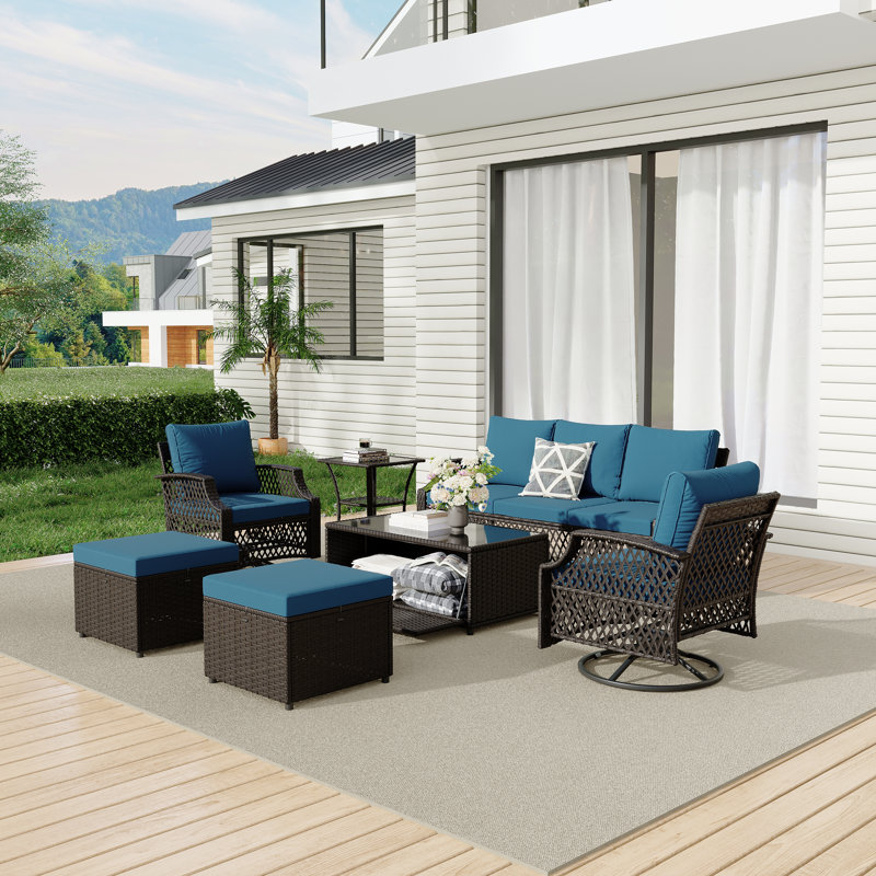 Ensemble de meubles de patio 7 pièces, ensemble de conversation en osier avec chaises pivotantes, 2 repose-pieds, table basse avec rangement