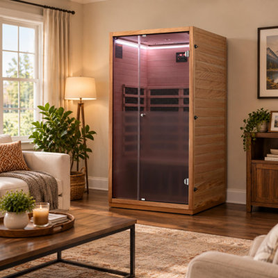 Hongyuan 1-2 Person 75‘ H Indoor Infrared Sauna 1510W /110V , 7-Color Light Therapy, Tempered Glass , Canadian Hemlock & Okoume Wood Sauna ,Relaxation, Recovery & Better Well-Being