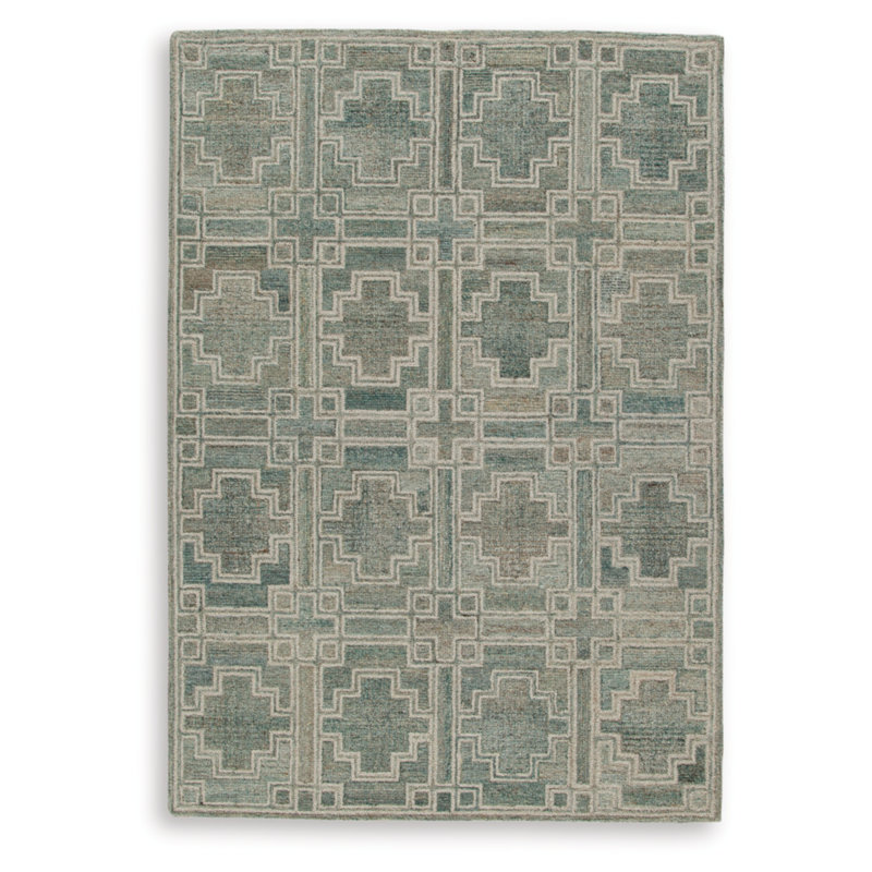 Handmade Green and Ivory Geometric Wool Rug, 5' x 7'