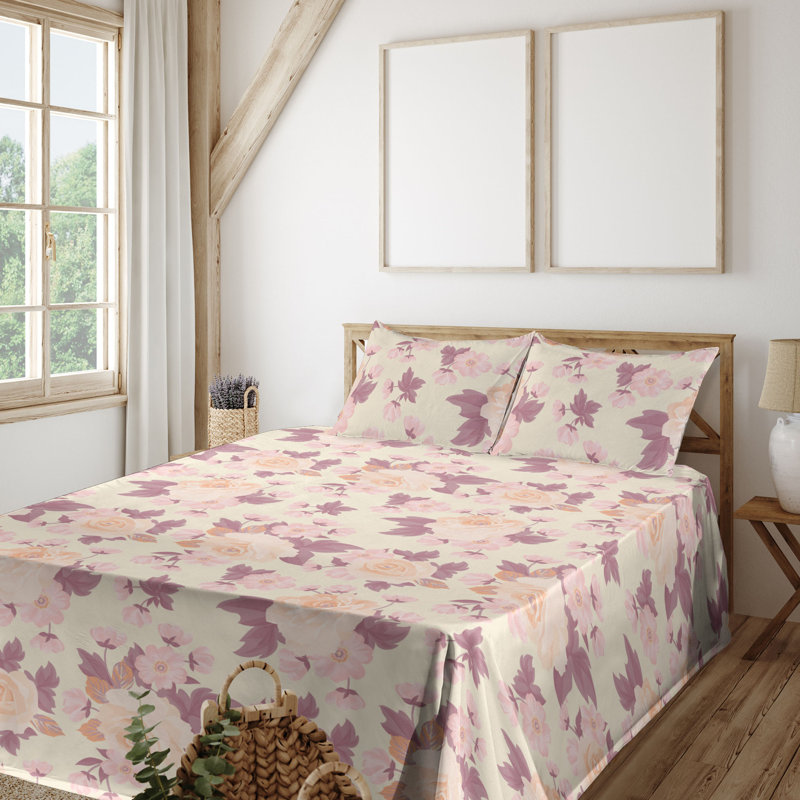 Ambesonne Watercolor Botany Sheet Set 4 Pcs Retro Boho Bloom, California King Sheet Set with 2 Pillowcases