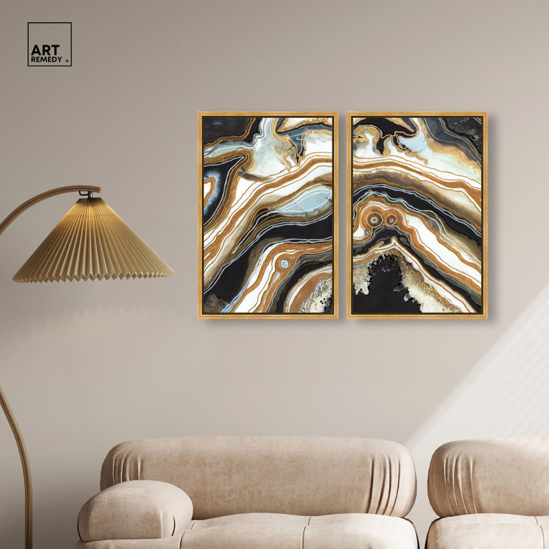 Ensemble de décor mural abstrait « Geode » sur toile, noir et or, par Art Remedy, cadre noir, 10 x 15, 25" H x 17" W