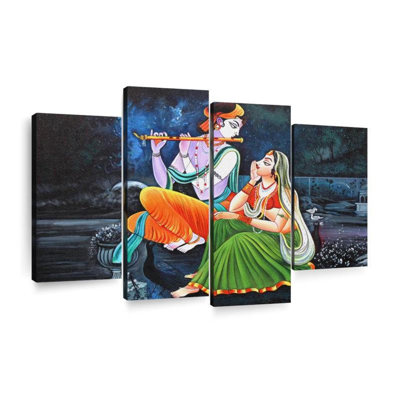 Radha Krishna sur toile, reproduction de 4 pièces, H 32 po x l 52 po x P 1,25 po