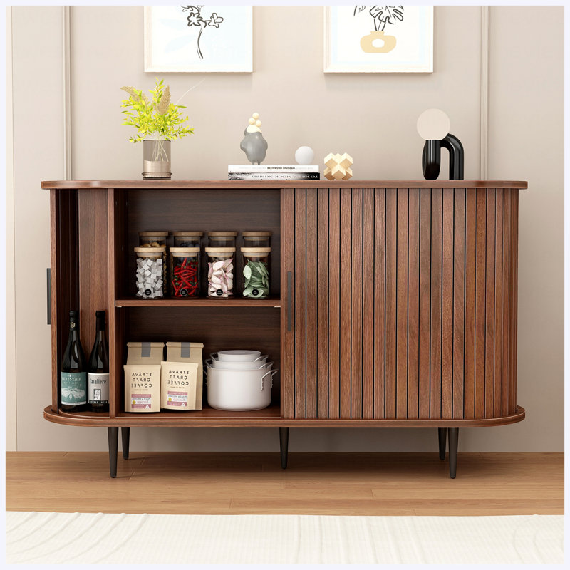 47" W Walnut Buffet Sideboard Cabinet, Fluted Storage Accent Cabinet with Curvy Edge, Sliding Door Credenza Console Table for Living Room, Dining Room, Kitchen, Hallway