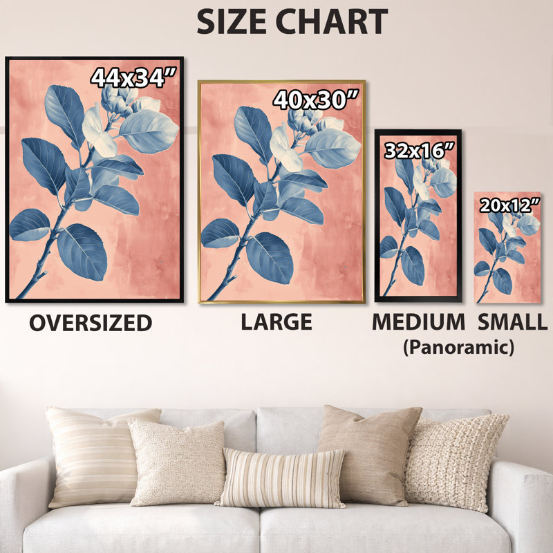 Branche de feuille indigo - Tableau encadré sur toile, H 32 po x l 24 po, Cadre flottant brun