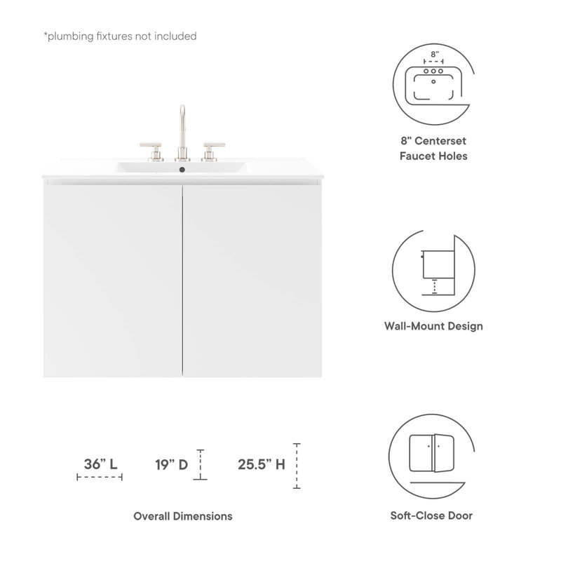 Modway Bryn 36" Wall-Mount Bathroom Vanity, White, White