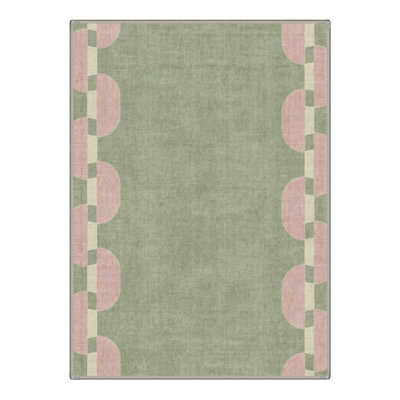 Machine Washable Geometric Green / Pink Area Rug With Non-Slip Backing