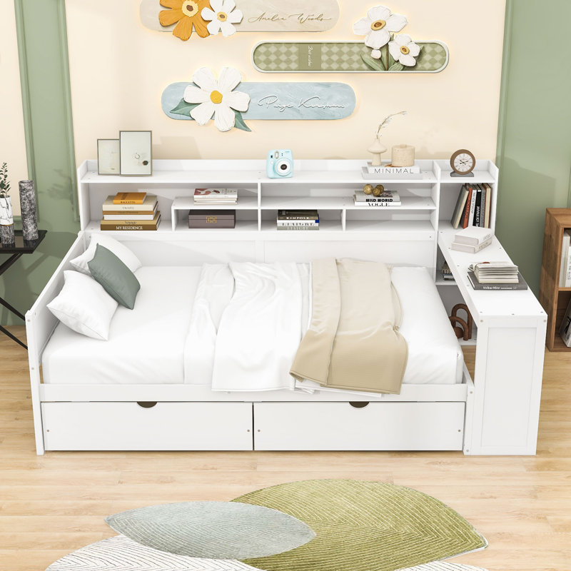 Wood Daybed with Drawers, Desk and Shelves