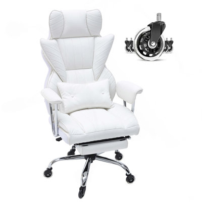 Reclining Office Chair with Footrest, Heavy Duty PU Leather Wide Office Chair, Big and Tall Executive Office Chairs with Lumbar Support, Strong Metal Base Quiet Wheels, White