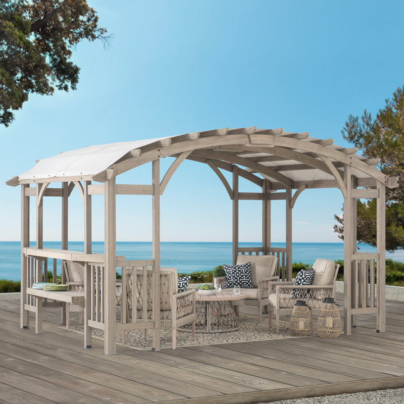 Sunjoy Bellucci Arched Pergola 10 x 14 ft. Light Grey Outdoor Cedar Framed Wood Pergolas with Weather-Resistant Canopy for Patio, Garden