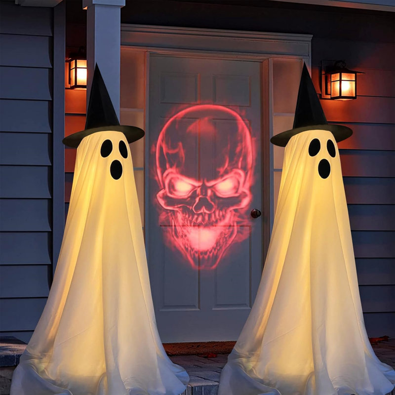 Ensemble de 2 décorations fantômes d'Halloween illuminées avec guirlandes de lumières DEL télécommandées, figurines effrayantes debout de 50 pouces pour la cour intérieure et extérieure, le porche et la fête - style horreur classique