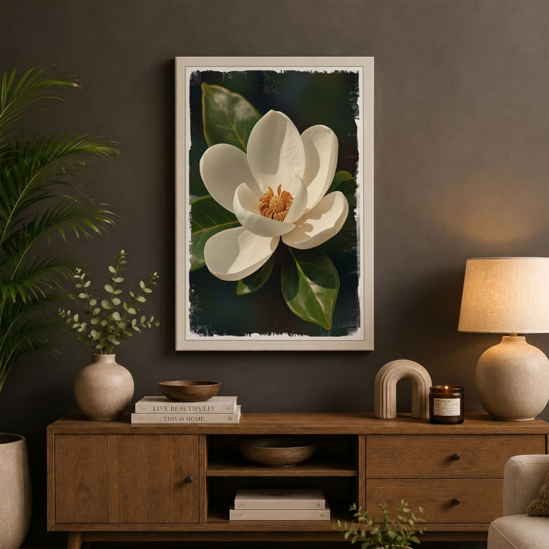 Magnolia Bloom Botanical - Wrapped Canvas, 18x12 - 45.7 x 30.5 cm, Teal Border