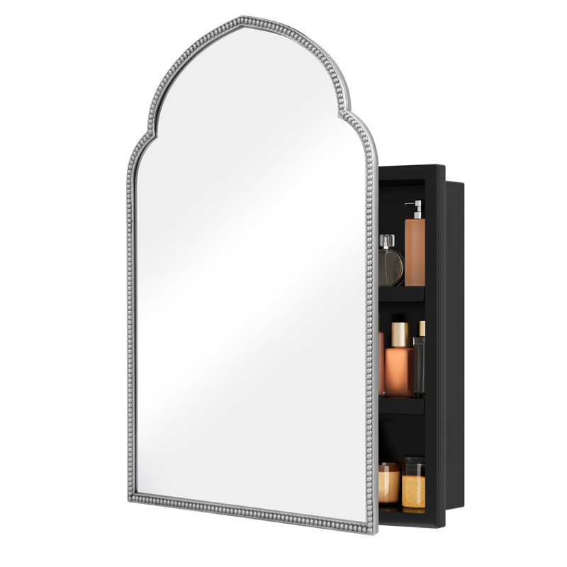 Armoire de salle de bain arquée à cadre perlé, Argent argent