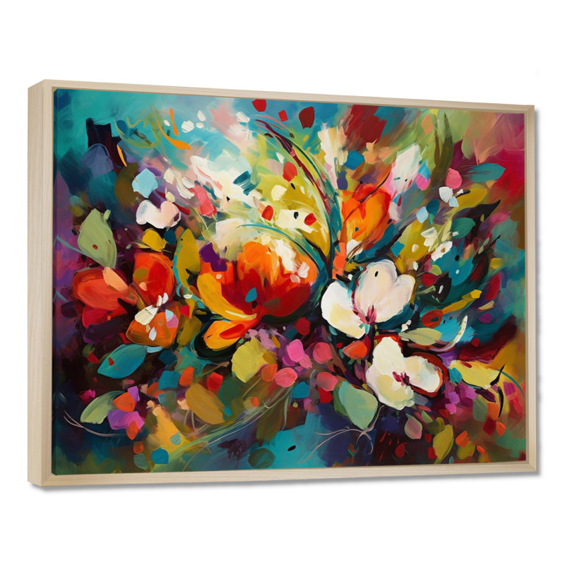 Rynette Red Vibrant Garden Symphony III - Art mural floral, H 30 po x l 40 po x P 1,5 po, Cadre flottant érable