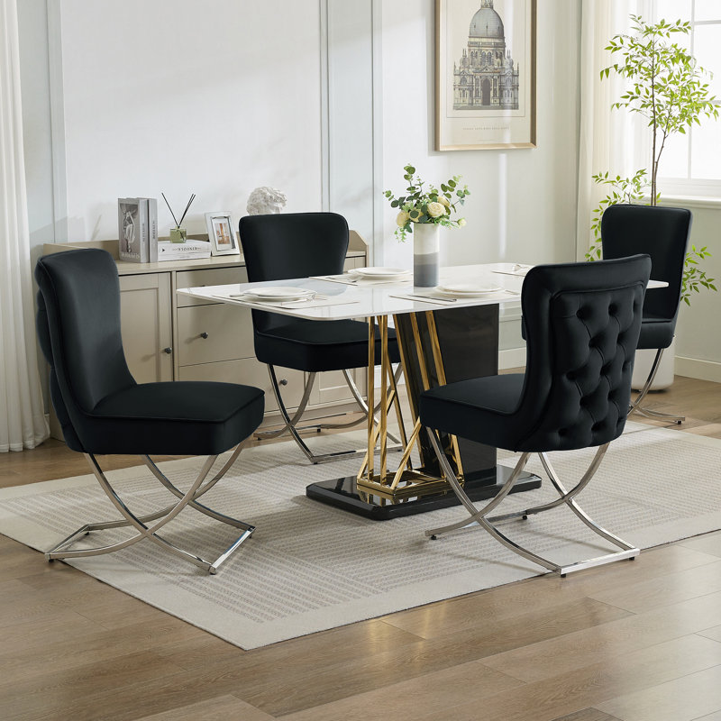 Tufted Velvet Upholstered Dining Chair with Silver Metal X-Legs, Black