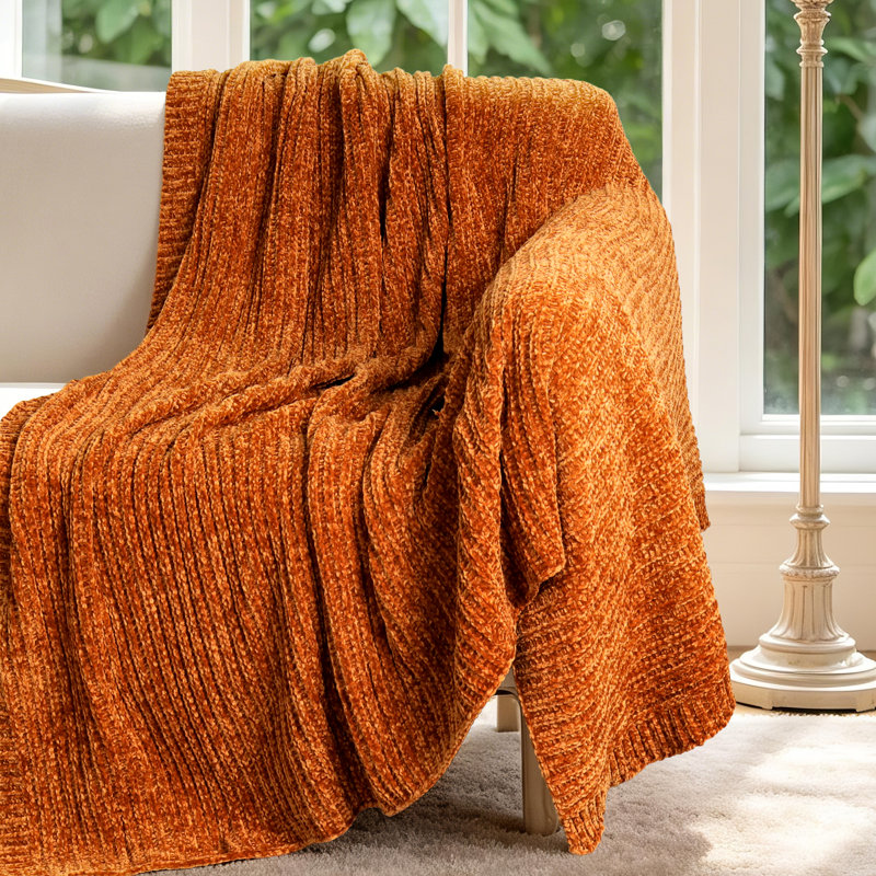 Soft Plush Lightweight Reversible Chenille Throw Blanket, Terracotta