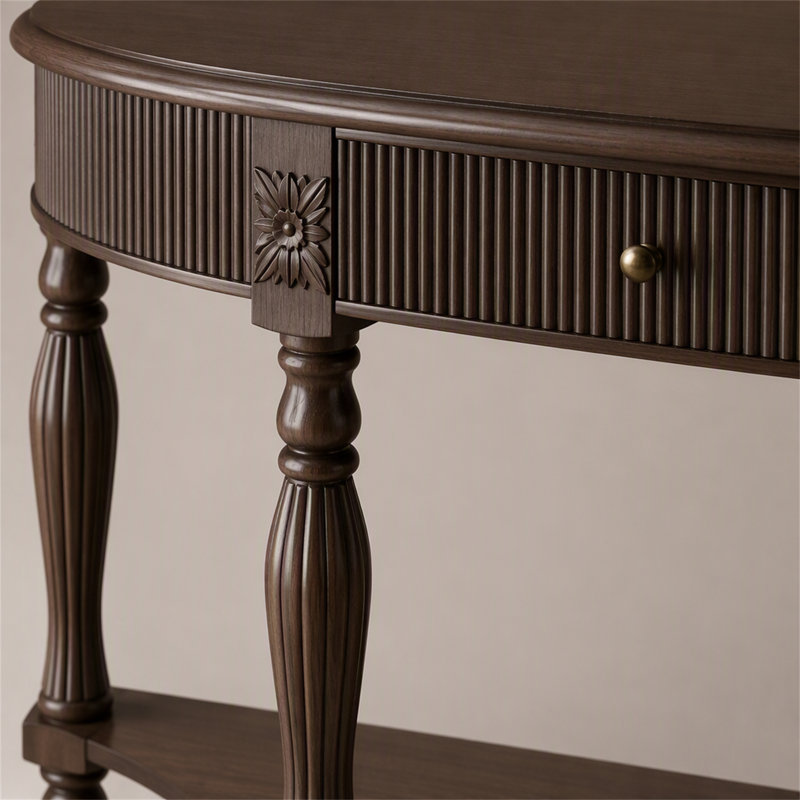 Console demi-lune en bois massif avec tiroir et tablette, Brun rustique profond, Brun rustique profond, Brun rustique profond