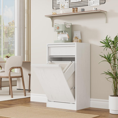 20 x 14 x 35 in Single Door Laundry Hamper Cabinet with Engineered Wood Frame and Handle, Narrow Storage Organizer for Bedroom Bathroom Hallway Laundry Room Utility Space - Antique White
