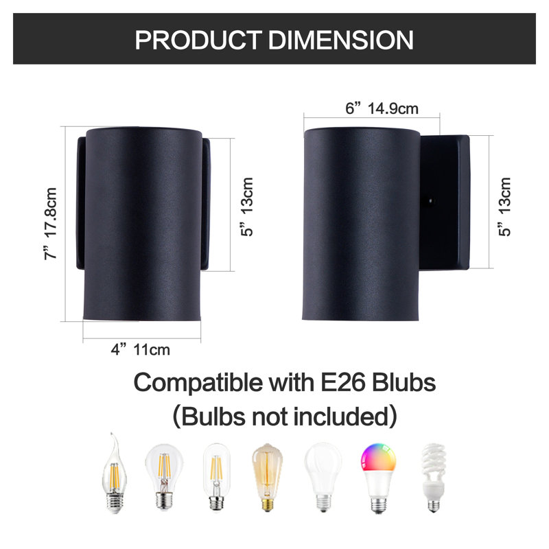 Set of 2 Black Outdoor Wall Sconces - Modern Cylinder Exterior Light Fixtures for Porch, Patio & Garage