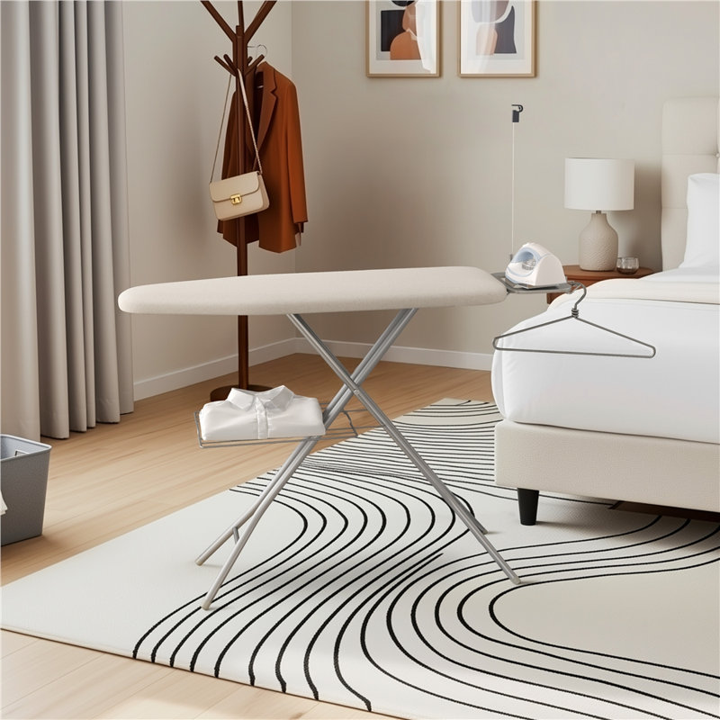 Table à repasser à hauteur réglable avec 4 pieds, Beige avec portemanteau