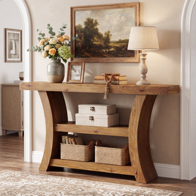 Console en bois massif, table d'entrée à 3 niveaux avec tablettes
