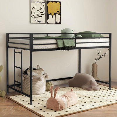 Space Saving ' Twin Loft Bed - Metal Frame With Guardrails And , Noise, No Box Spring Needed For Bedroom Black Easy Installation Quick Setup In