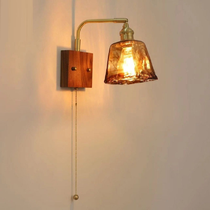 Minimalist Bedside Sconce, Movable Arm with Vintage Zipper Switch, Solid Brass Walnut Wood Wall Lamp, Warm Light E26