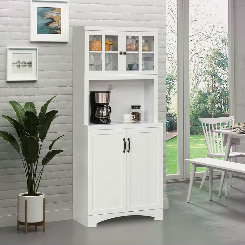 Huche de cuisine, garde-manger avec porte encadrée en verre, tablettes réglables et espace pour micro-ondes pour la salle à manger