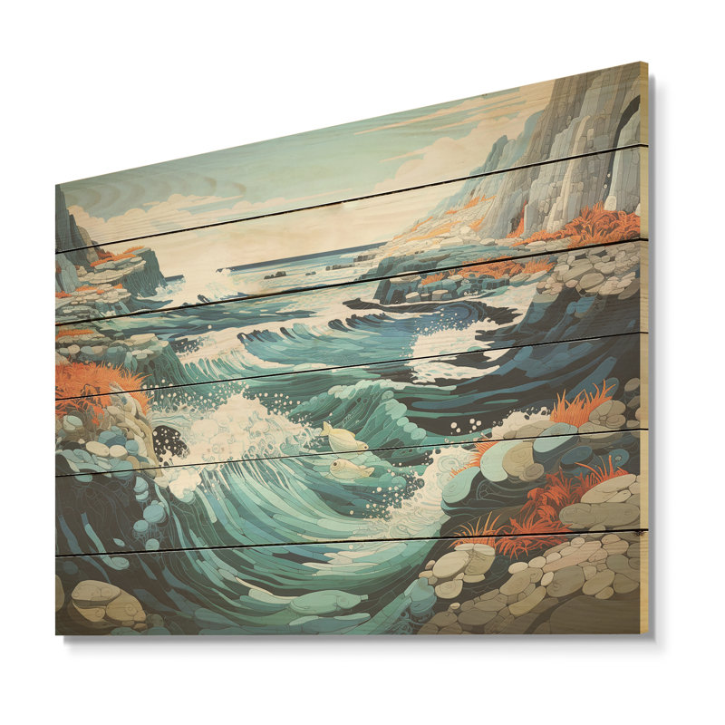 «Wild Beachscape Landscape I - Coastal Coral Under Water Wood», art mural sur bois de pin naturel, H 24 po x l 32 po