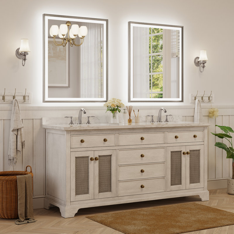 Modern Bathroom LED Mirror with Tempered Glass, Beveled Frame Vanity  Aluminum Frame Wall Mirror, 30" x 36", Brushed Nickel