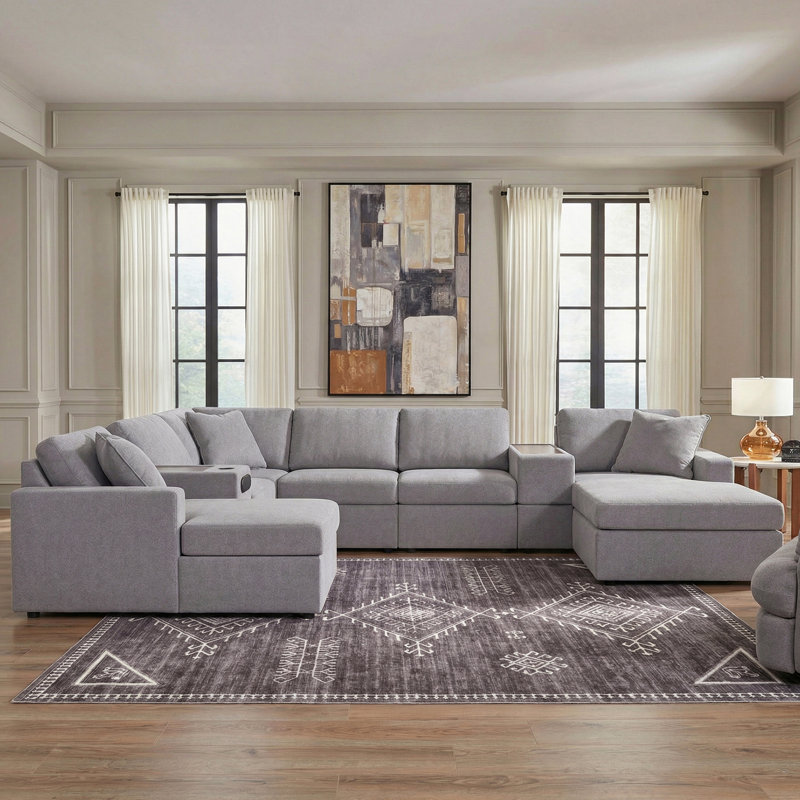 Canapé modulaire double 8 pièces avec audio et consoles de rangement Braintree, Polyester gris