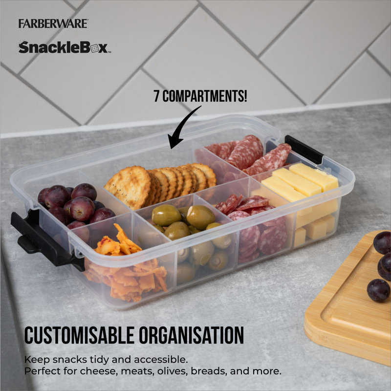 Farberware SnackleBox Bamboo Board and Box, Multi-Purpose Portable Snack Box with 7 Snack Dividers, Rectangle Chopping Board Lid and Black Locking Handles, 20 x 33cm