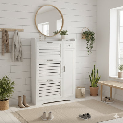 Armoire à chaussures étroite à 3 tiroirs 18 paires avec portes rabattables et tablettes réglables pour le vestibule