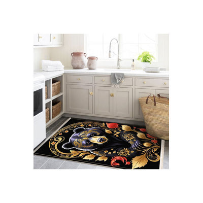 Tapis décoratif moderne noir à motif d'ours et de fleurs