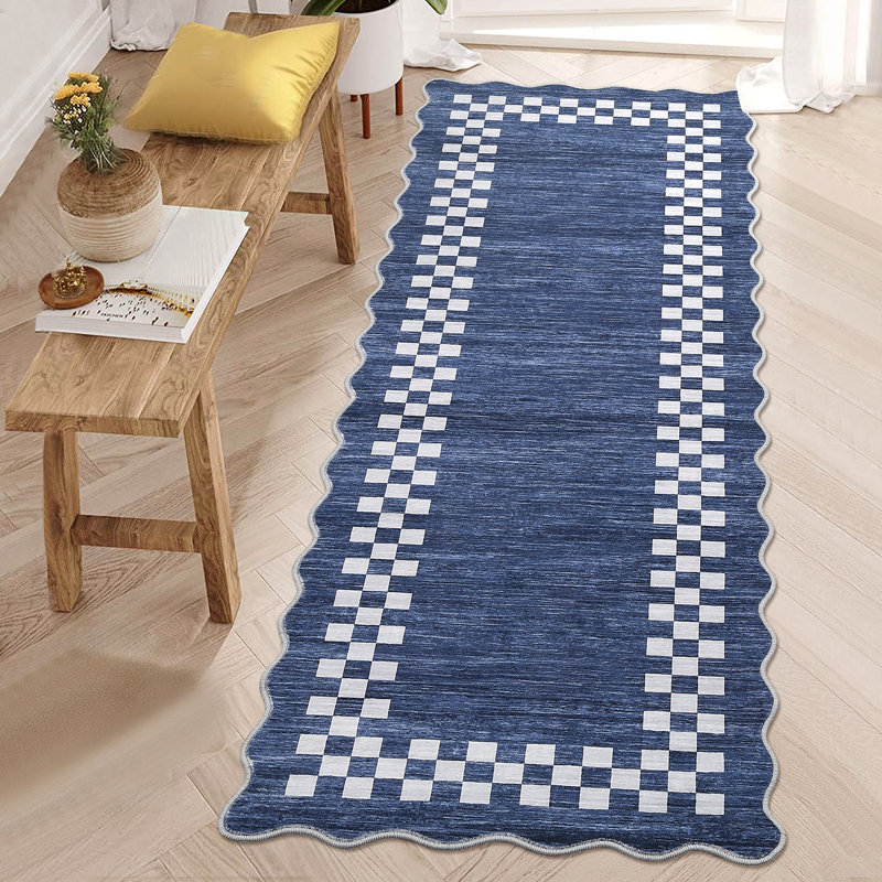 Scalloped Area Rug Modern Bordered Accent Carpet, Non-Slip Geometric Floor Cover, Stain-Resistant Low Pile Indoor Mat, Easy to Clean Rugs