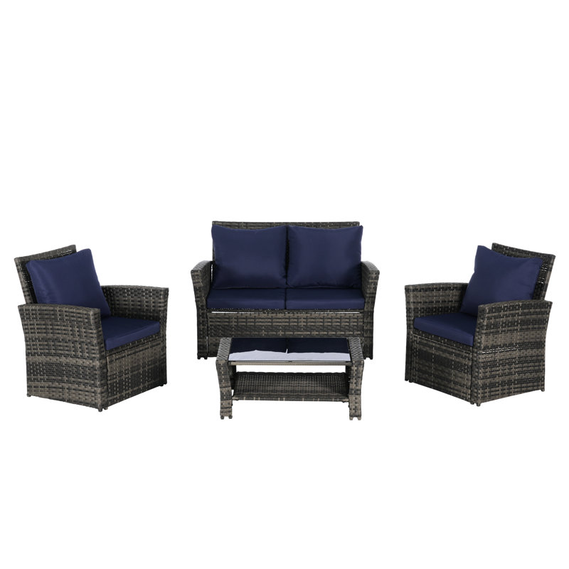 Outdoor Patio Chair , 4 Furniture With Coffee Table, Breathable Cushions, For Backyard, Lawn, Balcony, Poolside, Dark Blue, Protected, Water Garden,