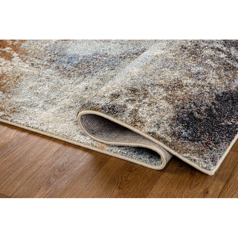 Tapis bleu / beige tissé à la machine Zanyria, Rectangle 7 pi 7 po x 10 pi