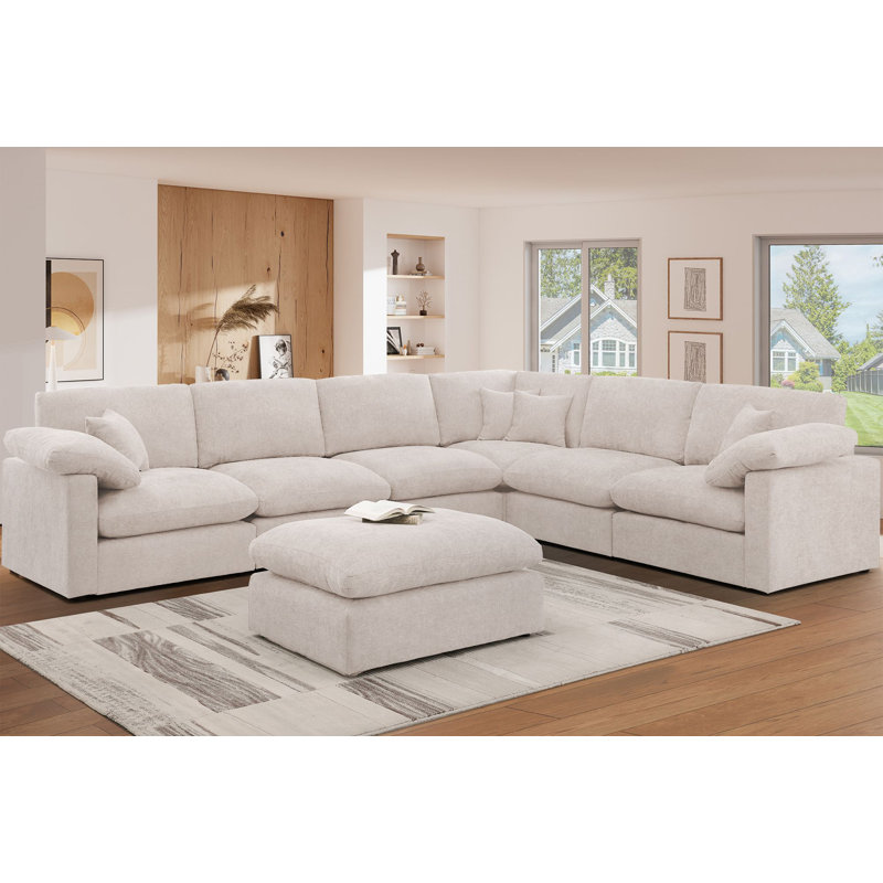 Reversible 7-Piece Corner Sectional Couch, Chenille Cloud Sofa With Removable Ottoman, Beige Chenille