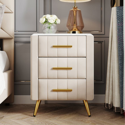 Table de chevet rembourrée avec 3 tiroirs et caractéristiques en métal - Table de chevet beige avec 3 pieds
