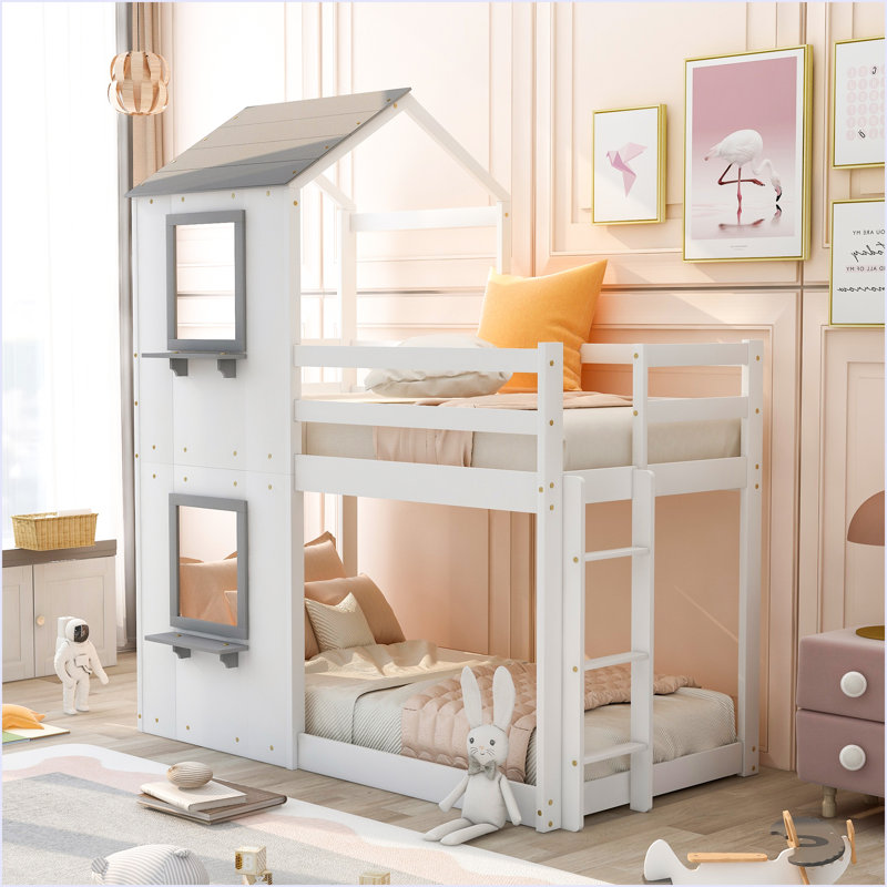 Lit superposé simple au-dessus d'un lit simple en bois avec toit, Blanc