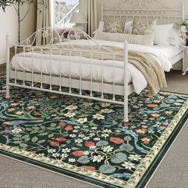 Botanical Bird Floral Rug 5' x 7' for Dining Room, Green Multicolor
