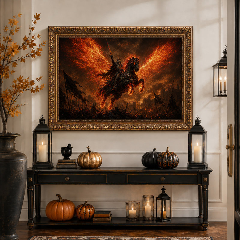 Tableau sur toile représentant un chevalier squelette sur un cheval de feu dominant une ville en flammes, idéal pour l'Halloween