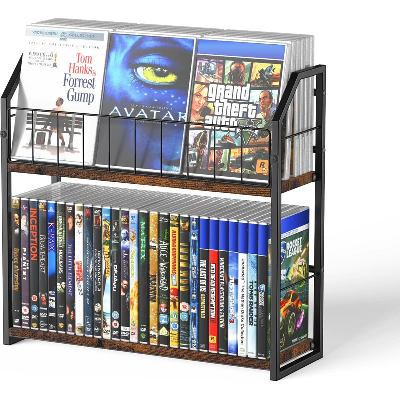 Étagère de rangement pour DVD à 2 niveaux, support pour DVD et jeux vidéo pour salle multimédia - Porte-DVD brun, rangement pour Blu-ray, peut contenir jusqu'à 56 DVD