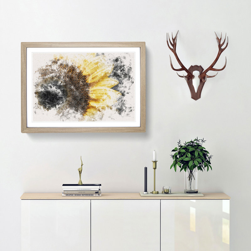 Yellow Sunflower Rising Watercolour - Framed Print, Oak, 35cm H x 50cm W x 2cm D