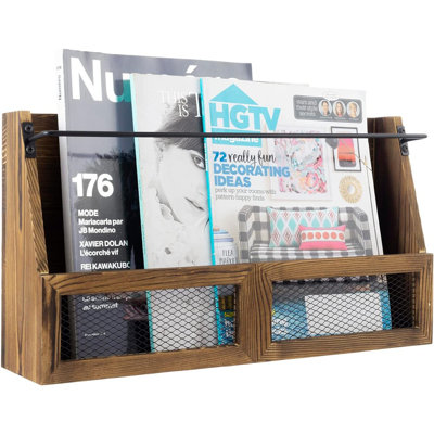 Magazine Holder Wall Mounted Rustic Burnt Solid Wood Double Wide Rack With Matte Black Metal Bar