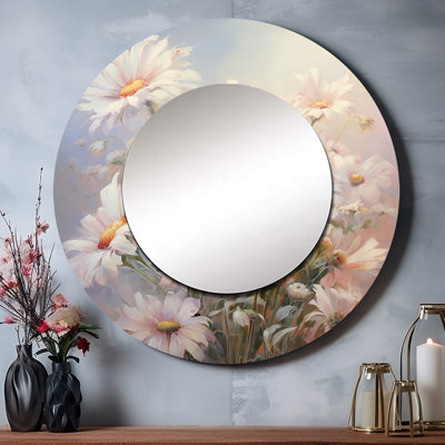 Minimalism Daisy Impression I - Daisies Large Wall Mirror, White Round Decorative Mirror, Printed Metal Art