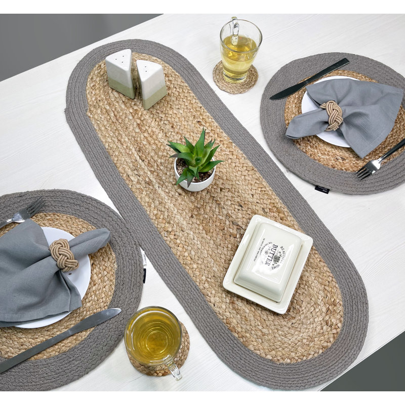 VERONA JUTE BORDER ROUND TABLE RUNNER, Natural/Gray, 13" x 36"