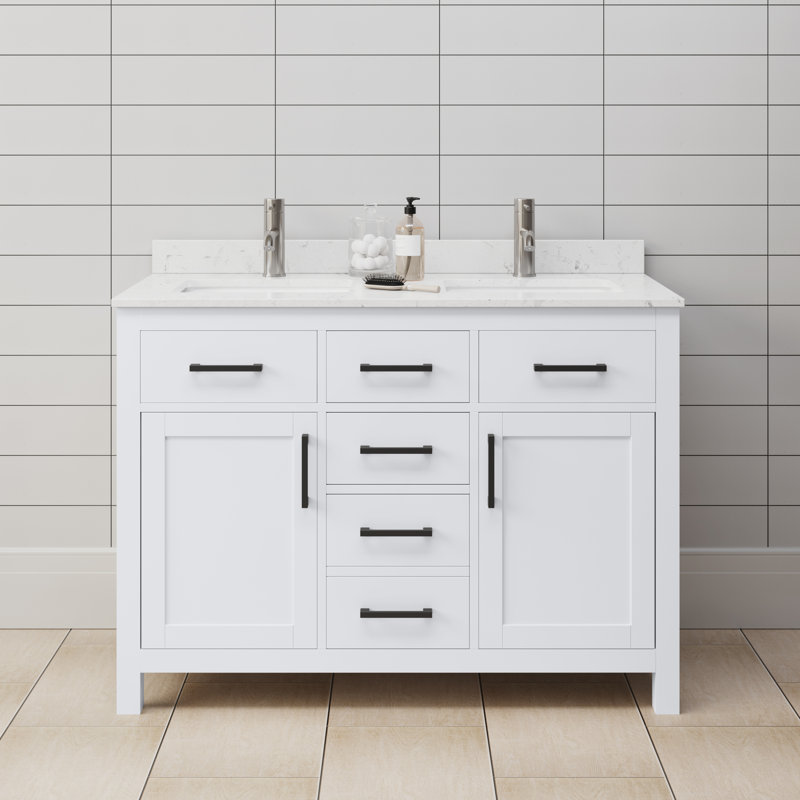 Beckett 48" Freestanding Double Bathroom Vanity with Cultured Marble Top, White, Carrara Cultured Marble, Matte Black