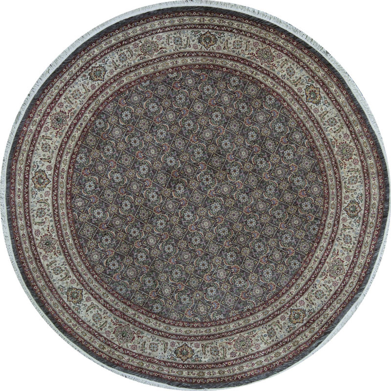 Tapis rond vert et beige noué à la main de haute qualité