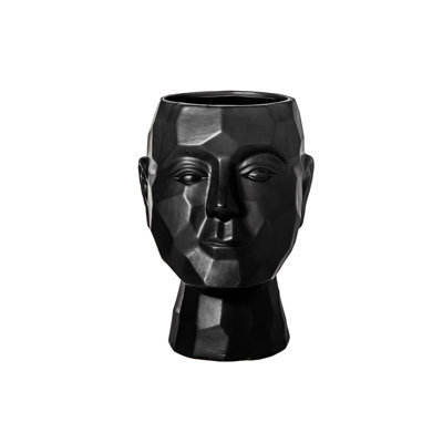 Ceramic Man's Head Pot Matte Finish Black-10.25"H